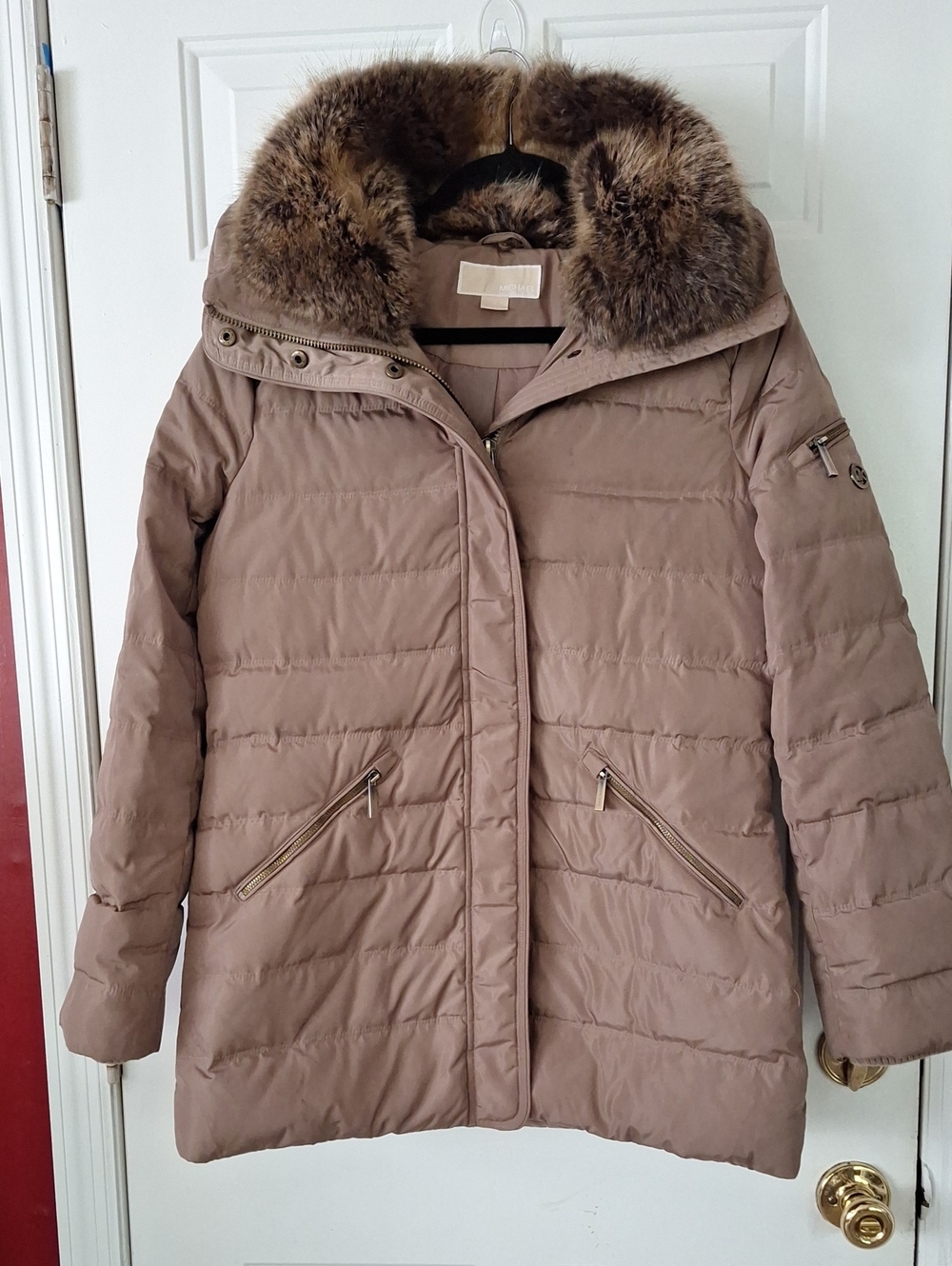 Michael Kors Taupe Brown Quilted Puffer Jacket with Faux-Fur Collar And Hood.